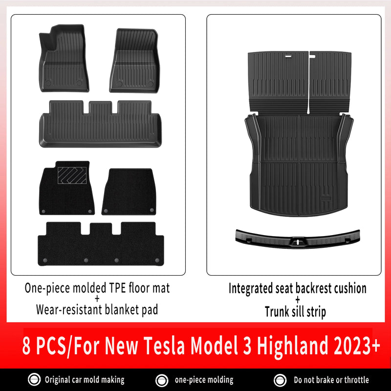 Tapis de Sol Tesla Model 3 Highland 2024-2026 TPE Ensemble 3 à 12 Pièces Simple ou Double Couche