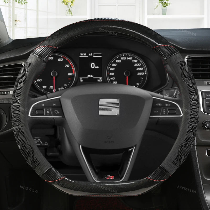 Couvre Volant Seat Leon FR, Ibiza, Arona, Ateca, Tarraco en Cuir Microfibre et Carbone 38 cm