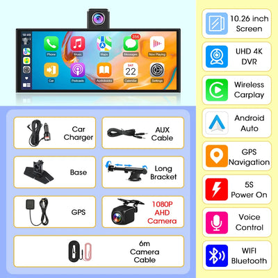 Dashcam 4K CarPlay Écran Rotatif 10,26 Pouces