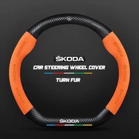 Couvre Volant Skoda Effet Carbone et Suédine, 37-38 cm, Forme D ou O, Octavia, Kodiaq, Karoq, Superb