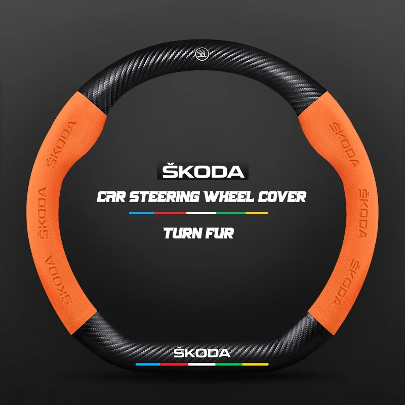 Couvre Volant Skoda Effet Carbone et Suédine, 37-38 cm, Forme D ou O, Octavia, Kodiaq, Karoq, Superb