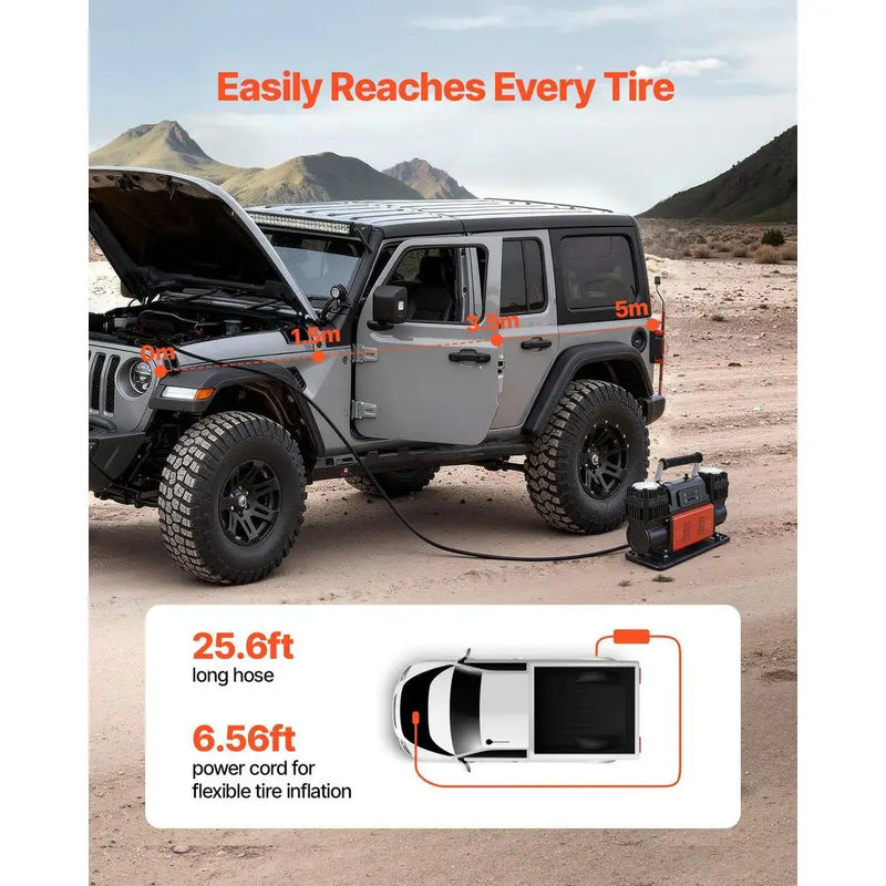 Gonfleur de Pneus 12 V 300 L/min Compresseur d'Air Double Cylindre 1080 W avec Arrêt Automatique pour 4x4