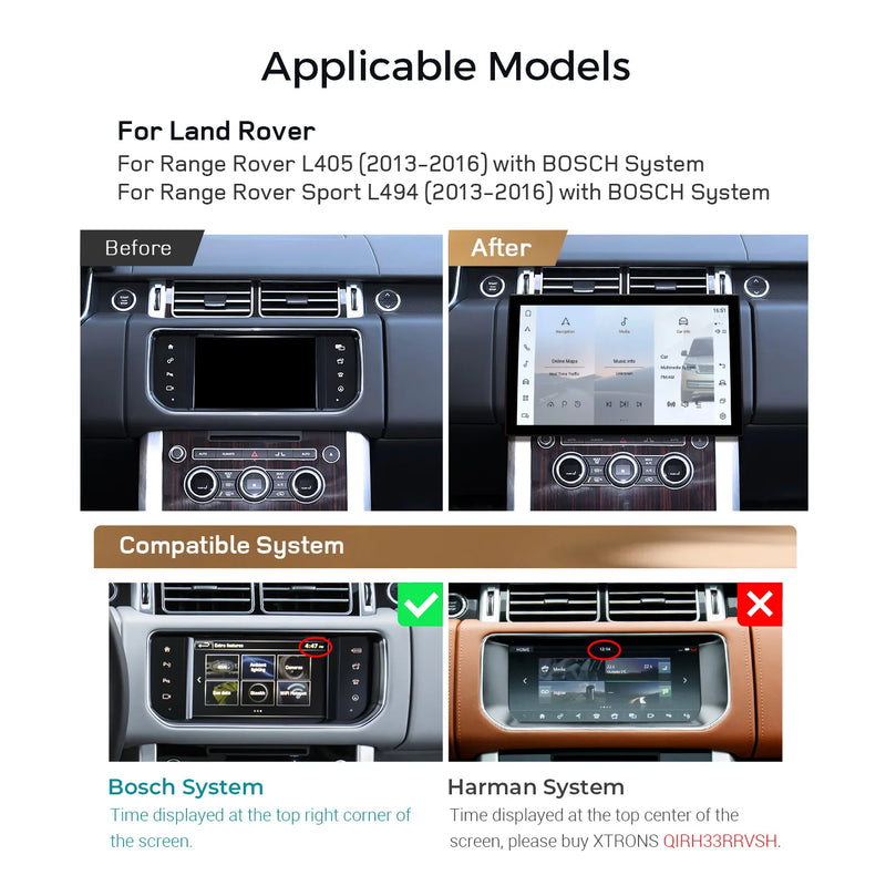 Autoradio XTRONS Android 14 Range Rover L405 et Sport L494 2013-2016 Écran 13,3 Pouces CarPlay Système Bosch
