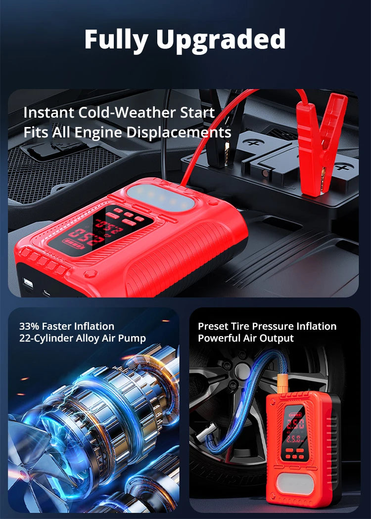 Booster de Batterie Voiture 5000A avec Compresseur 150 PSI Double Écran
