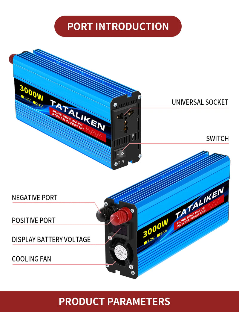Convertisseur 12V 220V Voiture Pur Sinus 1000 à 6000 W Onduleur 12 V 24 V