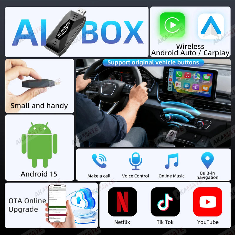 Boîtier CarPlay Sans Fil Android Auto Mini Clé USB Vidéo en Streaming