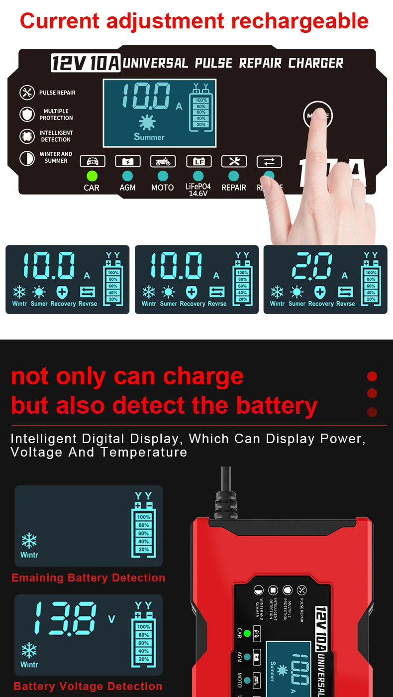 Chargeur de Batterie Voiture 12V 10A Intelligent LiFePO4 AGM Gel