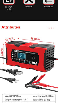 Chargeur de Batterie Voiture 12V 10A Intelligent LiFePO4 AGM Gel