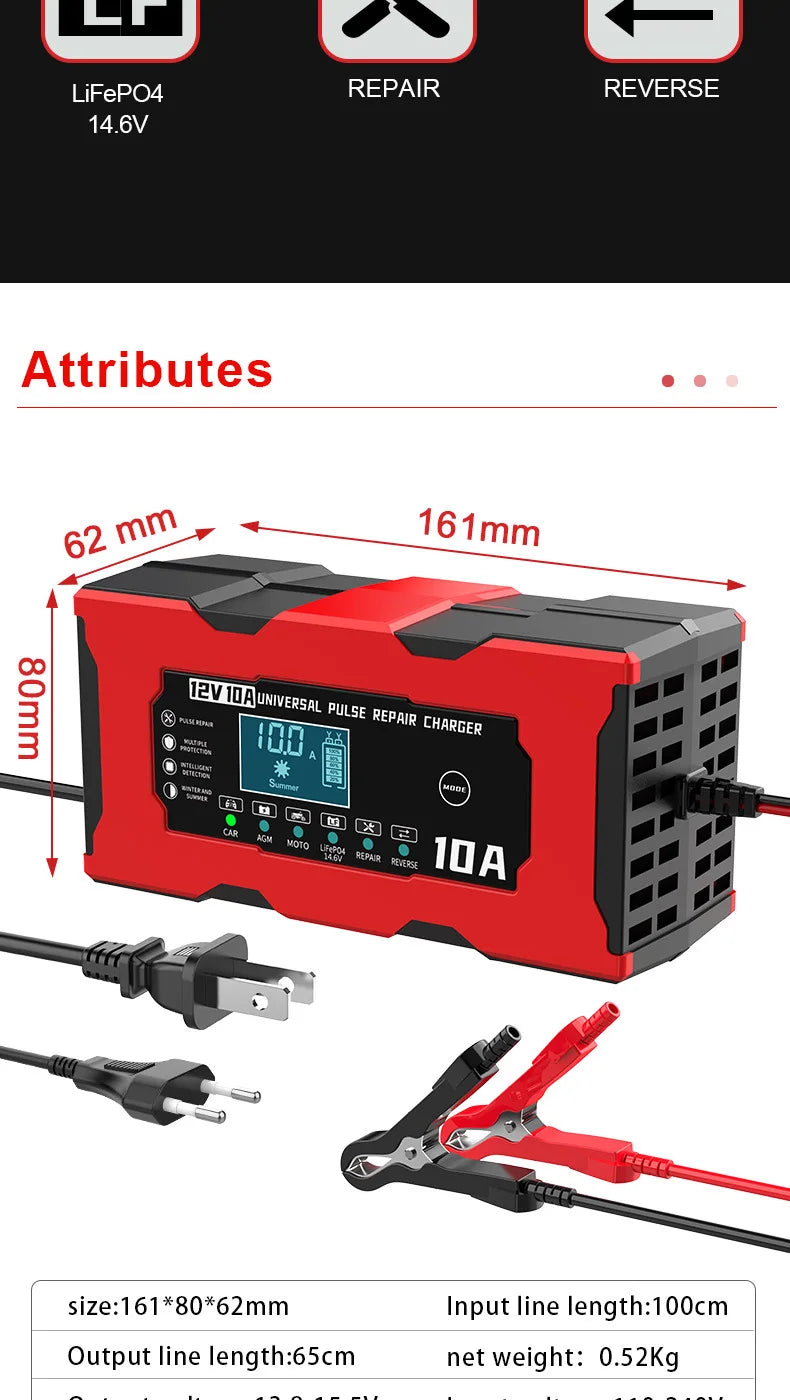 Chargeur de Batterie Voiture 12V 10A Intelligent LiFePO4 AGM Gel