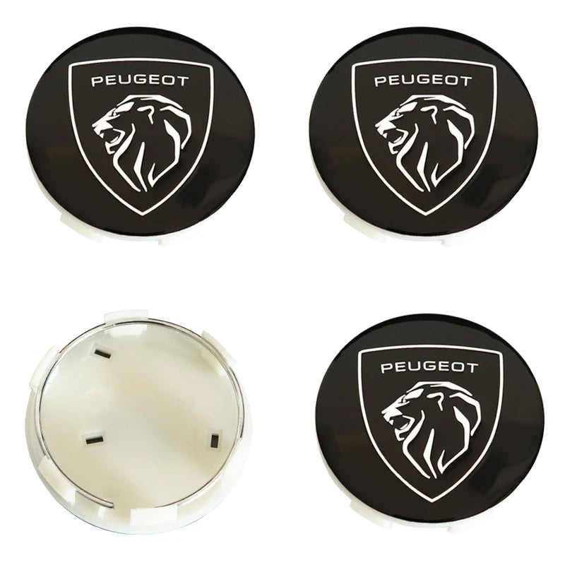 Cache-Moyeux Peugeot 60 mm avec Autocollant Alu, Lot de 4, Six Modèles, Ancien Lion ou Nouveau Blason