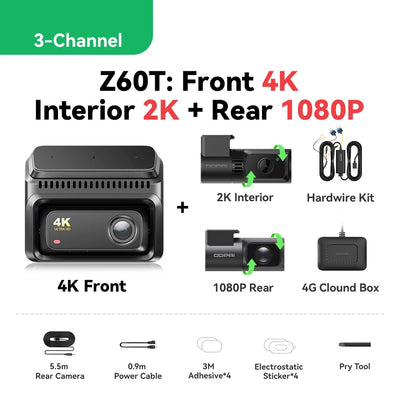 Dashcam DDPAI Z60T 3 Canaux 4K Avant Arrière Intérieur