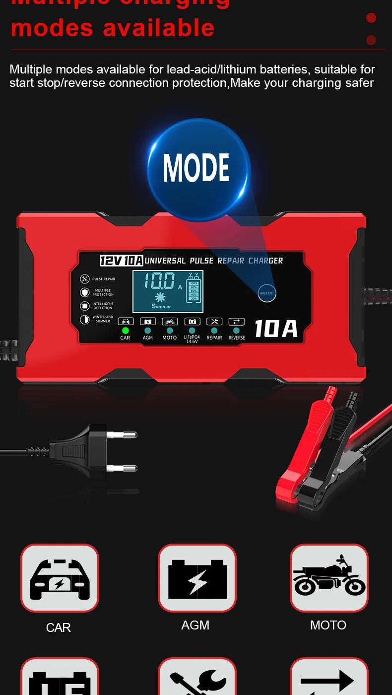 Chargeur de Batterie Voiture 12V 10A Intelligent LiFePO4 AGM Gel