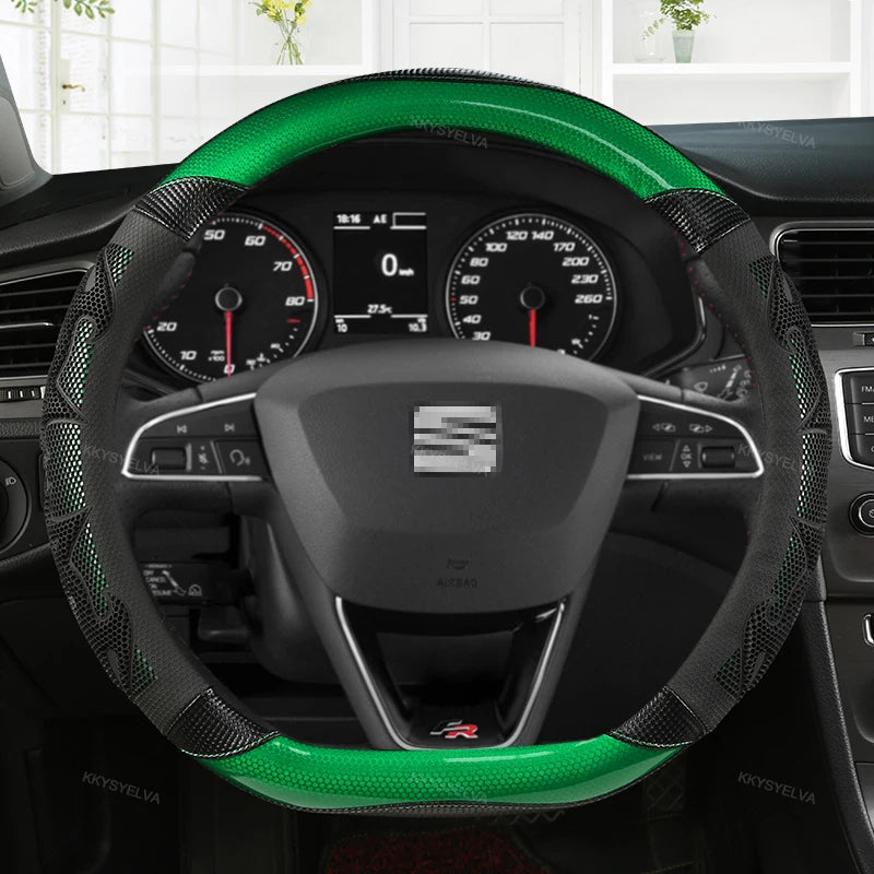 Couvre Volant Seat Leon FR, Ibiza, Arona, Ateca, Tarraco en Cuir Microfibre et Carbone 38 cm