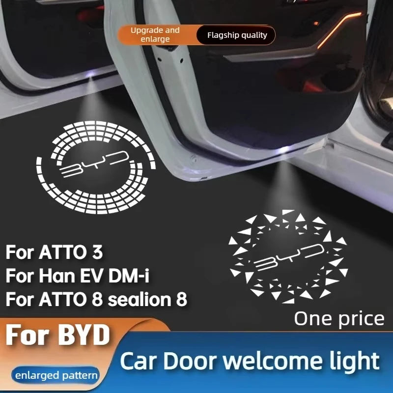 Projecteur Porte BYD Atto 3, Han EV et DM-i, Atto 8, Sealion 8, Lumière de Bienvenue HD, Lot de 2, 8 Motifs