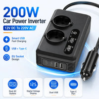 Convertisseur 12V 220V Voiture 200 W Allume-Cigare 2 Prises 2 USB 2 USB-C Écran LCD