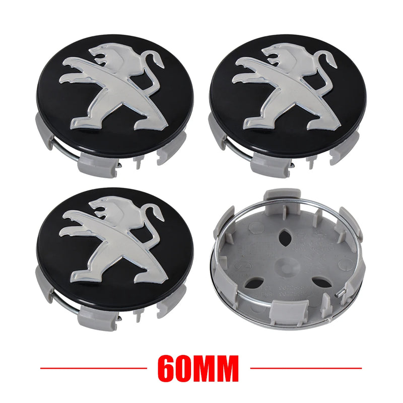 Cache-Moyeux Peugeot 60 mm, Lot de 4, Six Modèles Noir, Argent ou Gris, 106 à 508, 2008, 3008, 5008