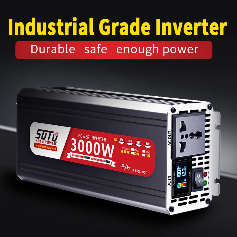 Convertisseur 12V 24V 220V Pur Sinus 1200 à 3000 W Onduleur Voiture Écran LCD