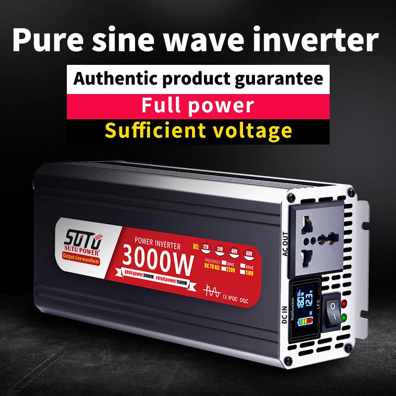 Convertisseur 12V 24V 220V Pur Sinus 1200 à 3000 W Onduleur Voiture Écran LCD