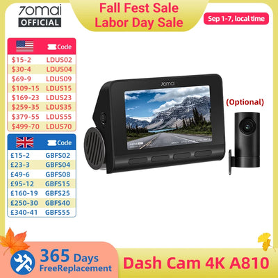 Dashcam 70mai A810 4K Avant Arrière GPS ADAS