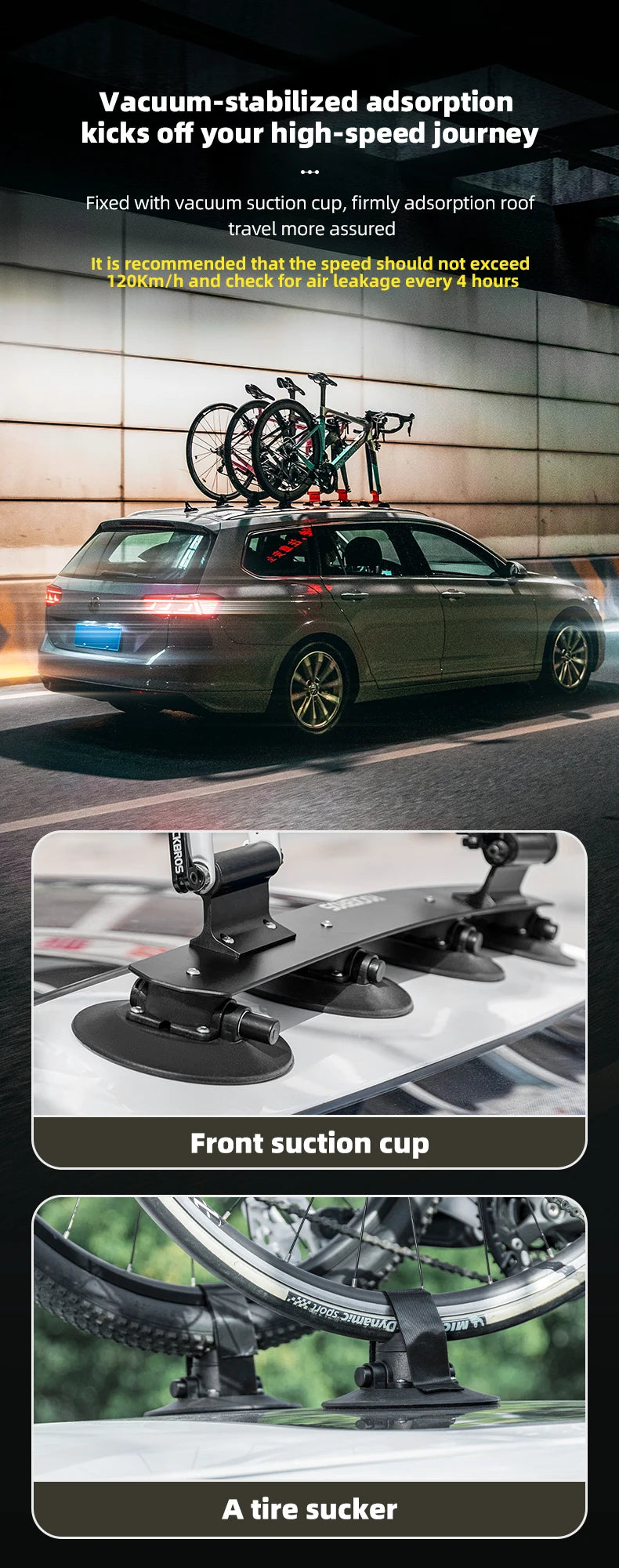 ROCKBROS Porte-Vélo de Toit à Ventouses pour 2 Vélos en Alliage d'Aluminium et Installation Rapide sans Perçage