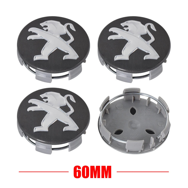 Cache-Moyeux Peugeot 60 mm, Lot de 4, Six Modèles Noir, Argent ou Gris, 106 à 508, 2008, 3008, 5008