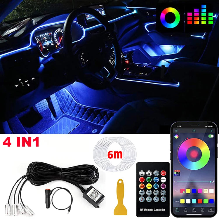 Kit Éclairage d'Ambiance LED RGB Intérieur Voiture Fibre Optique Télécommande