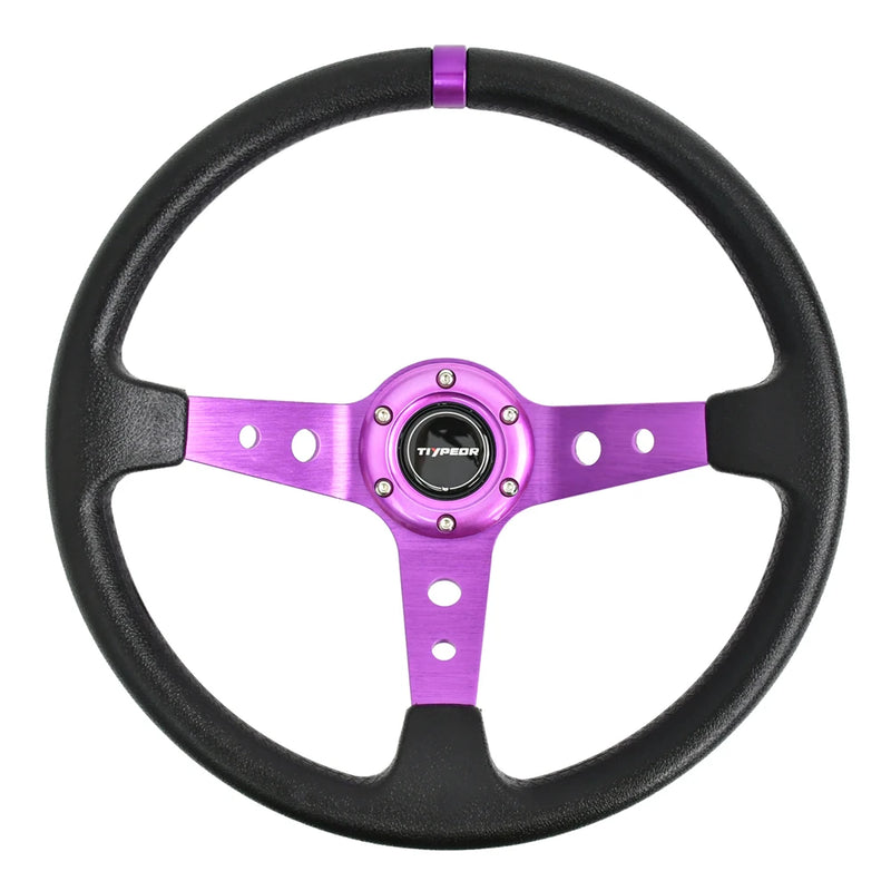 Volant Sport 350 mm Cuir PU Moyeu 6 Vis Plat Profond Universel