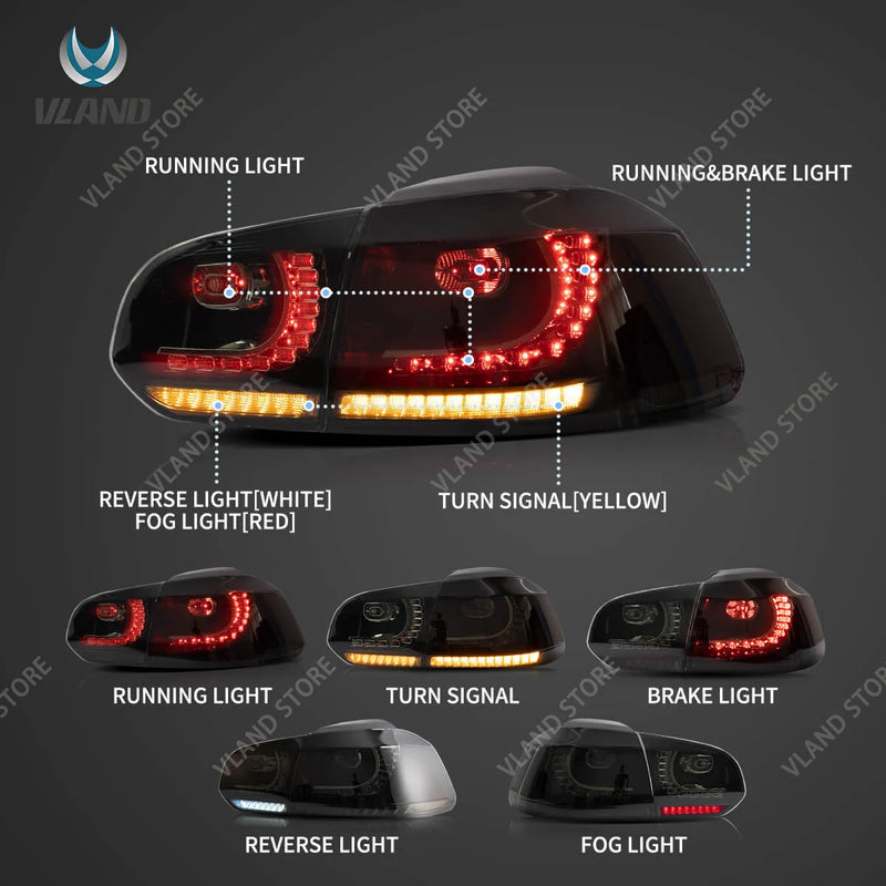 Feux Arrière LED VLAND Volkswagen Golf 6 Séquentiel Ambre 2008-2014 — gros plan