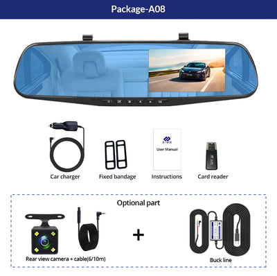 Dashcam Miroir 4,3 Pouces Double Objectif 1080P