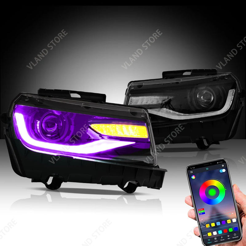 Phares LED RGB Chevrolet Camaro 2014-2015 Double Faisceau Feux de Jour Couleur Pilotables par Application