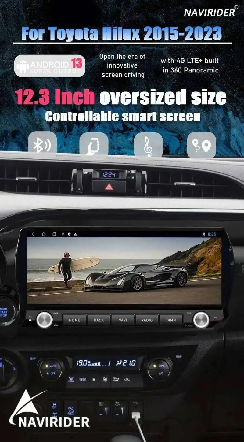 Autoradio Android Écran QLED 12,3 Pouces Toyota Hilux 2015-2023 CarPlay Sans Fil GPS 4G