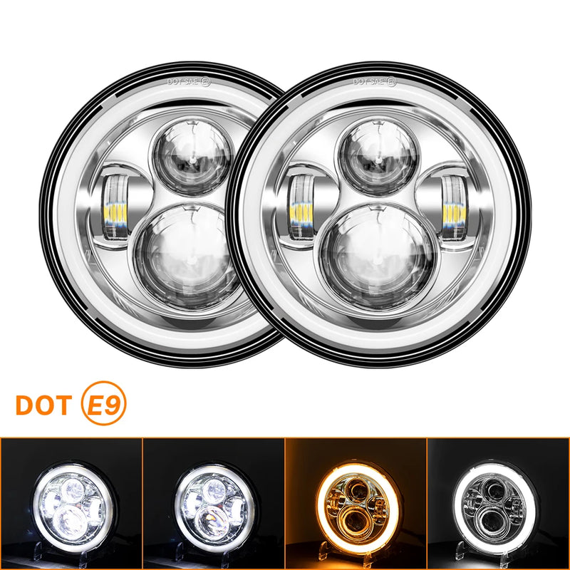 2 Phares LED Ronds 7 Pouces Halo Land Rover Defender Lada Niva Beetle Classique avec Culot H4 et Anneau Ambre