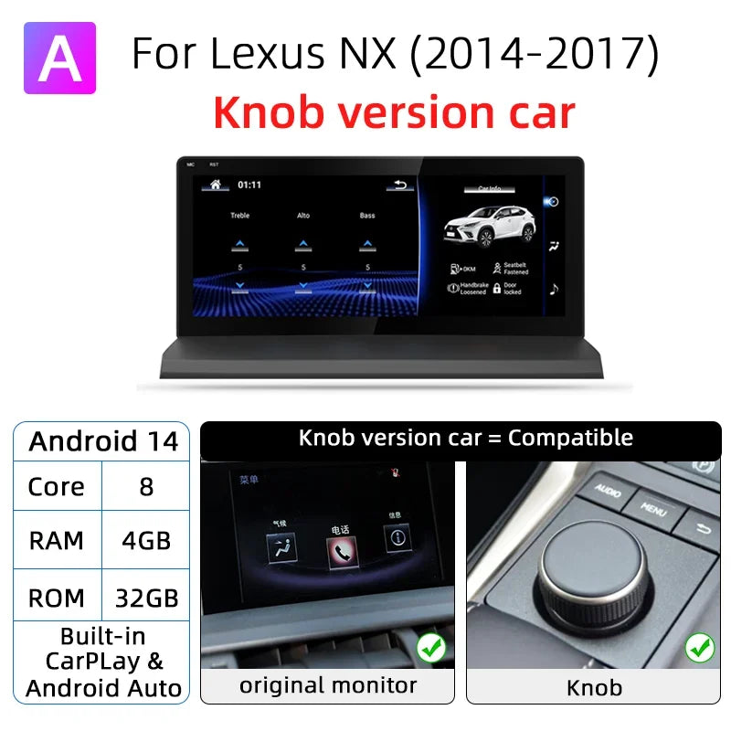 Autoradio Android 14 Lexus NX 200 200t 300h 2014-2021 Écran 10,25 Pouces CarPlay DSP GPS