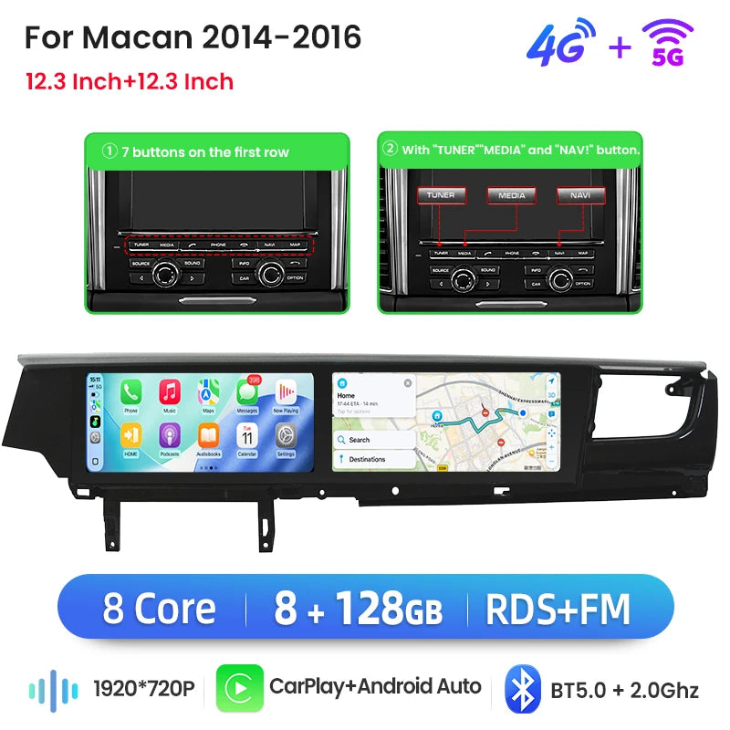 Autoradio Double Écran 12,3 + 12,3 Pouces Porsche Macan 2014-2017 Android CarPlay Sans Fil GPS