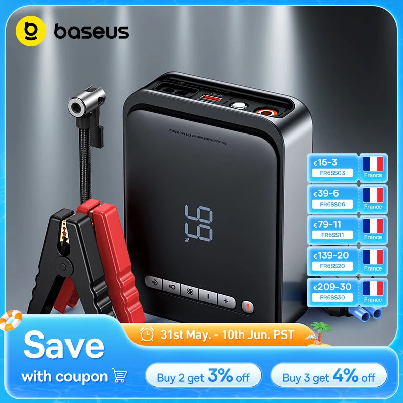 Baseus Démarreur de Batterie Voiture 1000A avec Compresseur d'Air