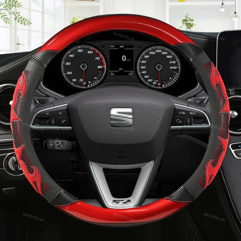 Couvre Volant Seat Leon FR, Ibiza, Arona, Ateca, Tarraco en Cuir Microfibre et Carbone 38 cm