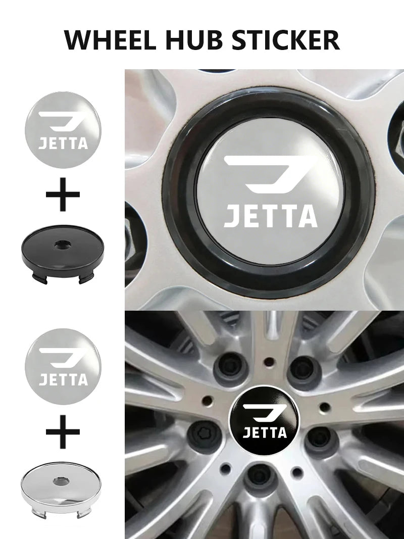 Cache-Moyeux Volkswagen Jetta 56 et 60 mm avec Autocollants Adhésifs, Lot de 4, Noir ou Argent