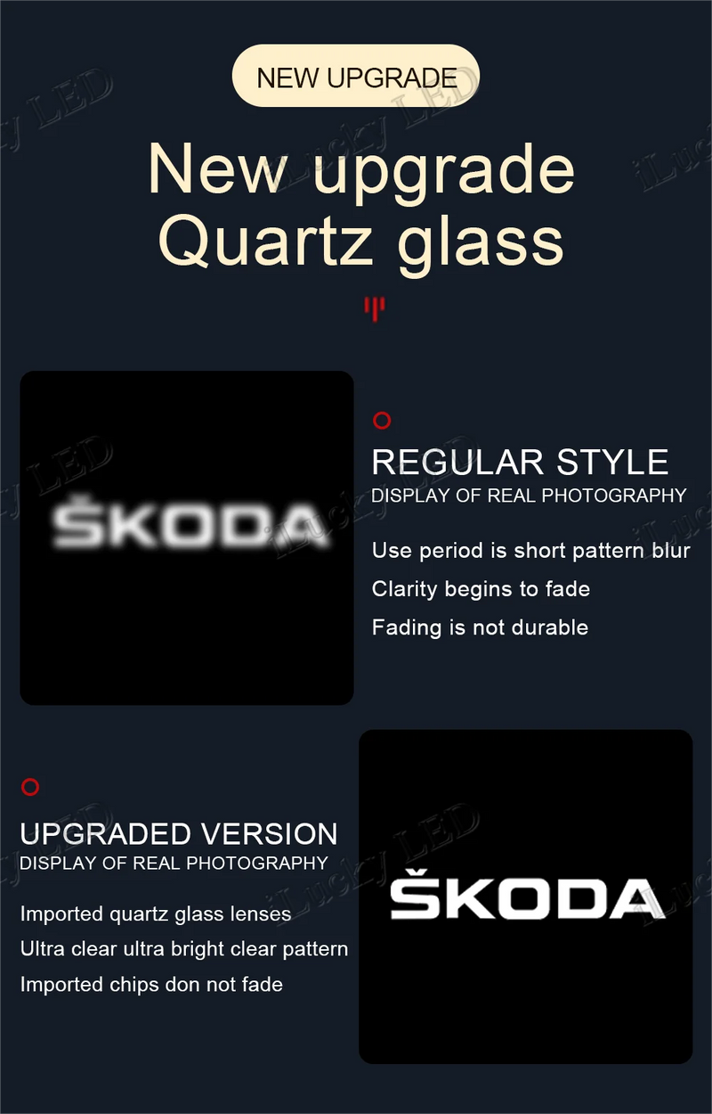 Projecteur Porte Skoda LED, Lentille Verre HD, Lot de 2 ou 4, Octavia Kodiaq Karoq Yeti VRS, 7 Motifs