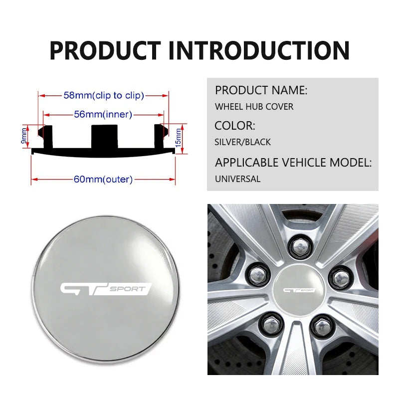 Cache-Moyeux GT Sport 56 ou 60 mm, Lot de 4, Noir ou Argent, pour Renault Clio, Twingo, Zoe, Mégane, Duster