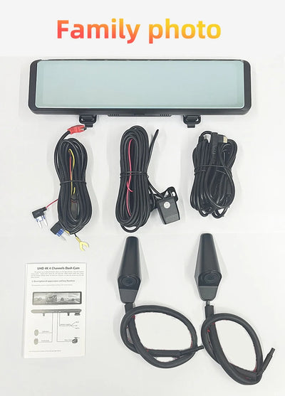 Dashcam Miroir 12 Pouces 4 Objectifs 4K Kit Câblage