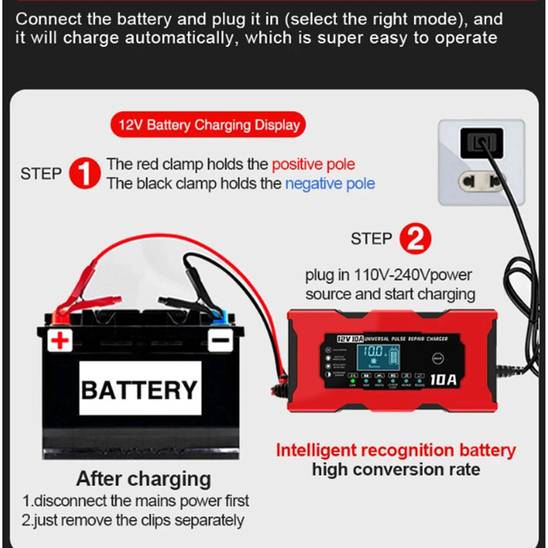 Chargeur de Batterie Voiture 12V 10A Intelligent LiFePO4 AGM Gel