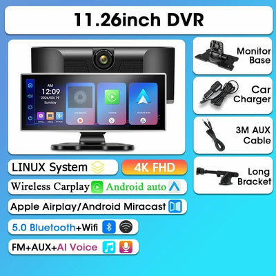 Dashcam Srnubi 11,26 Pouces 4K CarPlay Android Auto