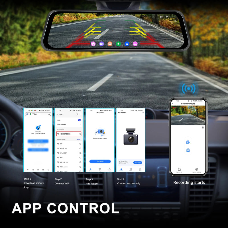 Dashcam Miroir Podofo 4K Écran Tactile 9,66 Pouces avec Caméra de Recul, Vision Nocturne et Surveillance 24 h