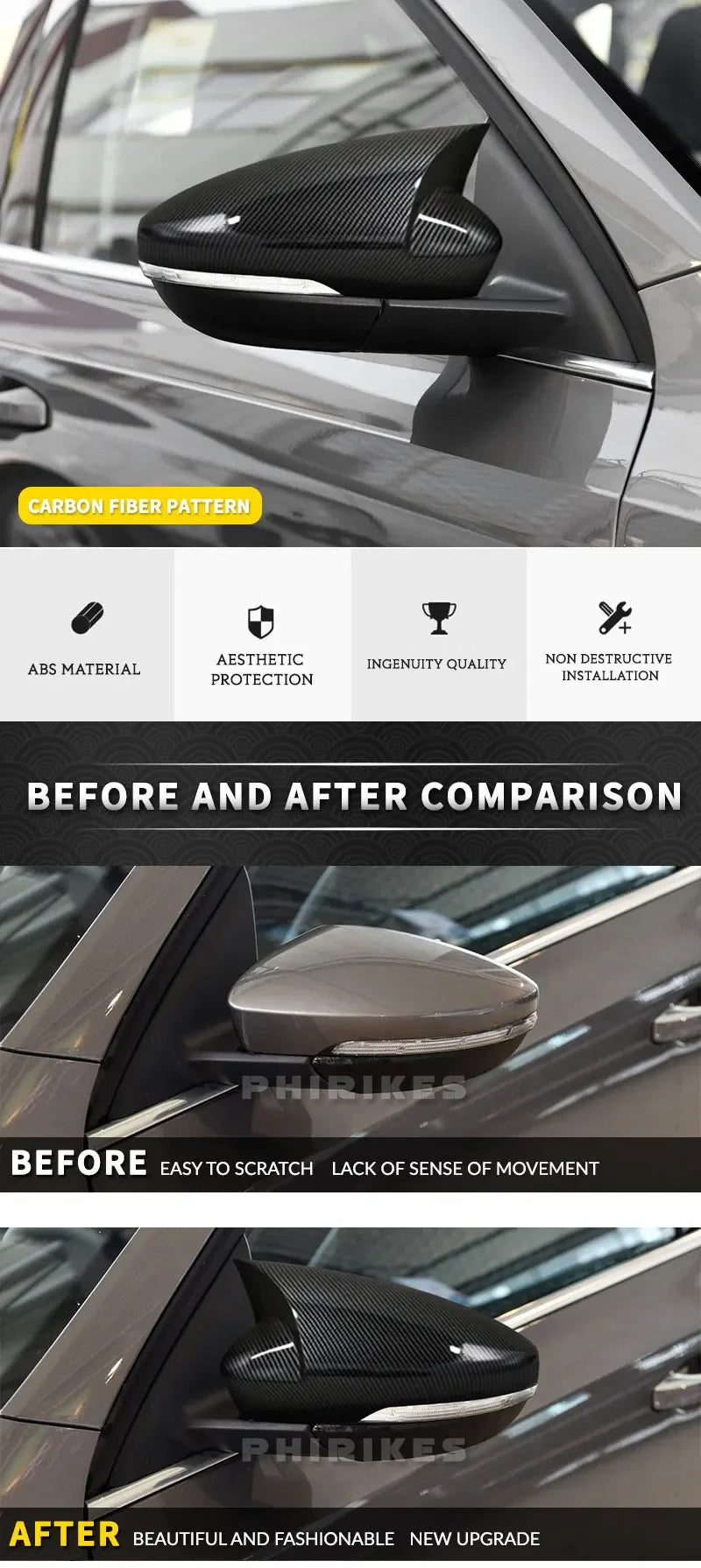 Coques de Rétroviseur Skoda Octavia 3 2013-2019 et VW T-Roc T-Cross 2018-2021 Style Bec, Aspect Carbone ou Noir Brillant