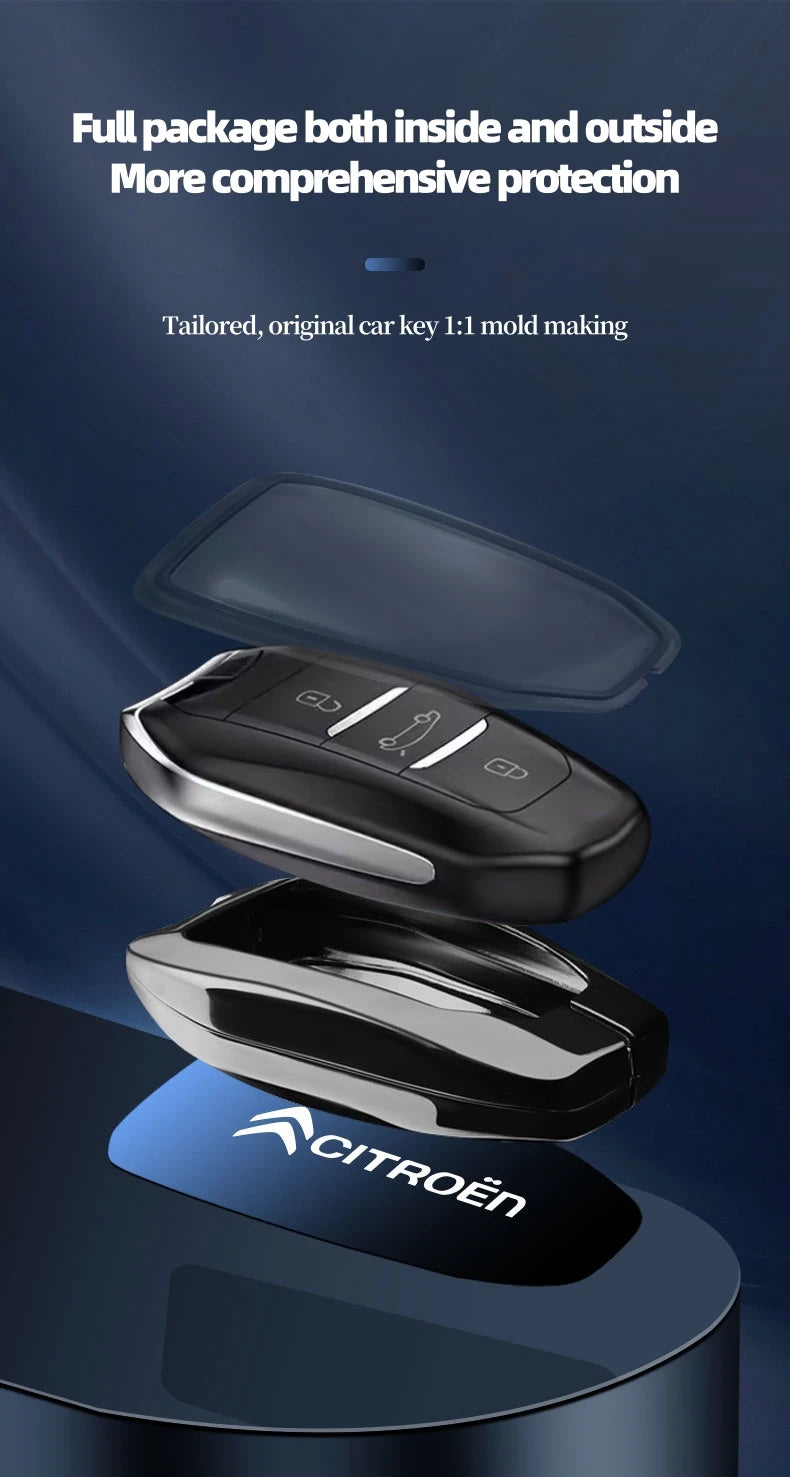 Étui de Protection Clé Citroën C1 C2 C3 C4 C5 C6 VTS Xsara C-Crosser Berlingo Jumpy Alliage de Zinc Noir ou Bleu