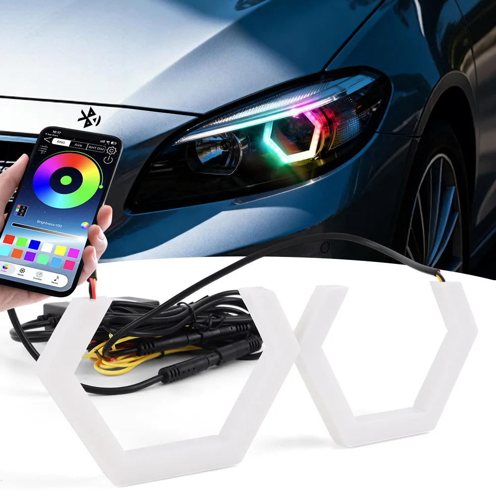 Anneaux Angel Eyes LED RGB Feux de Jour Hexagonaux Bluetooth