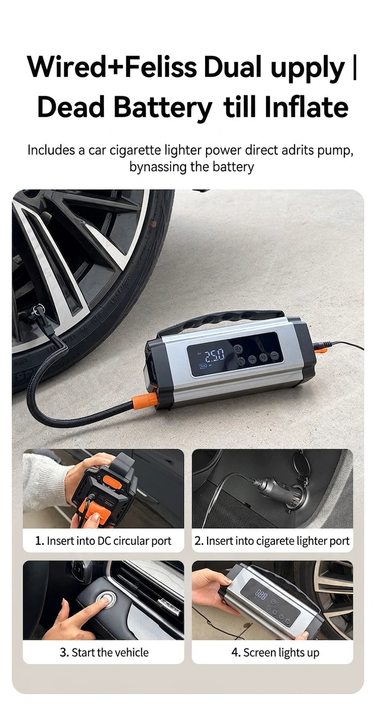 Booster de Batterie Voiture 12V avec Compresseur 150 PSI Écran Numérique