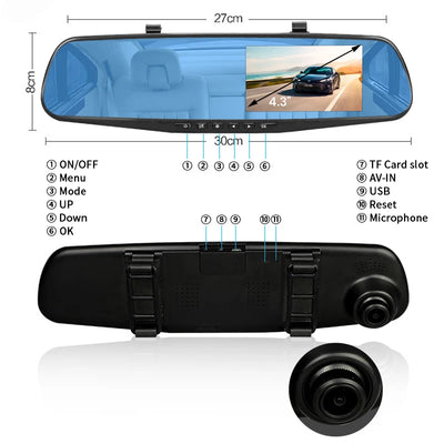 Dashcam Miroir 4,3 Pouces Double Objectif 1080P