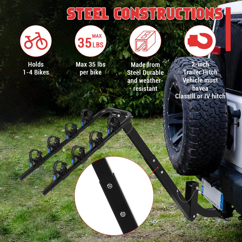 Porte-Vélos sur Attelage Pliable et Inclinable pour 2 ou 4 Vélos avec Stabilisateur Anti-Oscillation en Acier pour SUV et Camping-Car