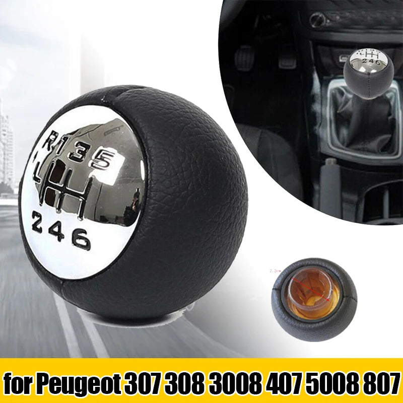 Pommeau de Levier de Vitesse Peugeot 307 308 3008 407 5008 807 et Citroën C3 C4 C8, 5 ou 6 Vitesses, Tête Chromée Cuir PU Noir